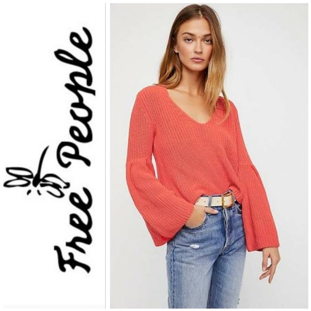Free People orange checkered print cable knit sweater with flared sleeves